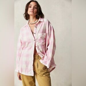 Free People Happy Hour Buffalo Buttondown Pink Plaid Shirt